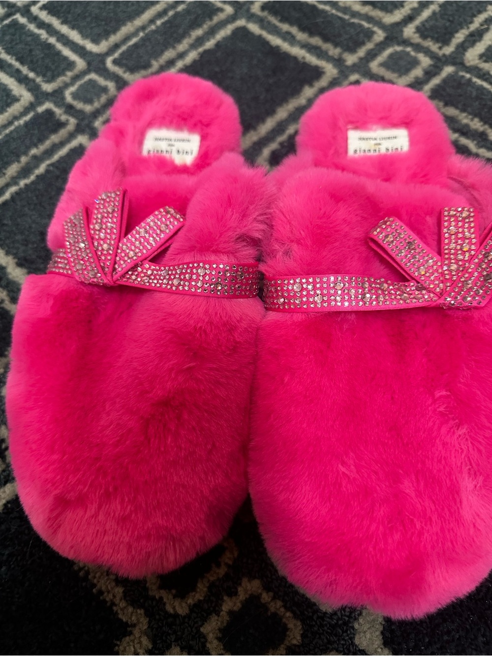Gianni Bini Vibrant Hot Pink Faux Fur Slide Slippers with Crystal Bow